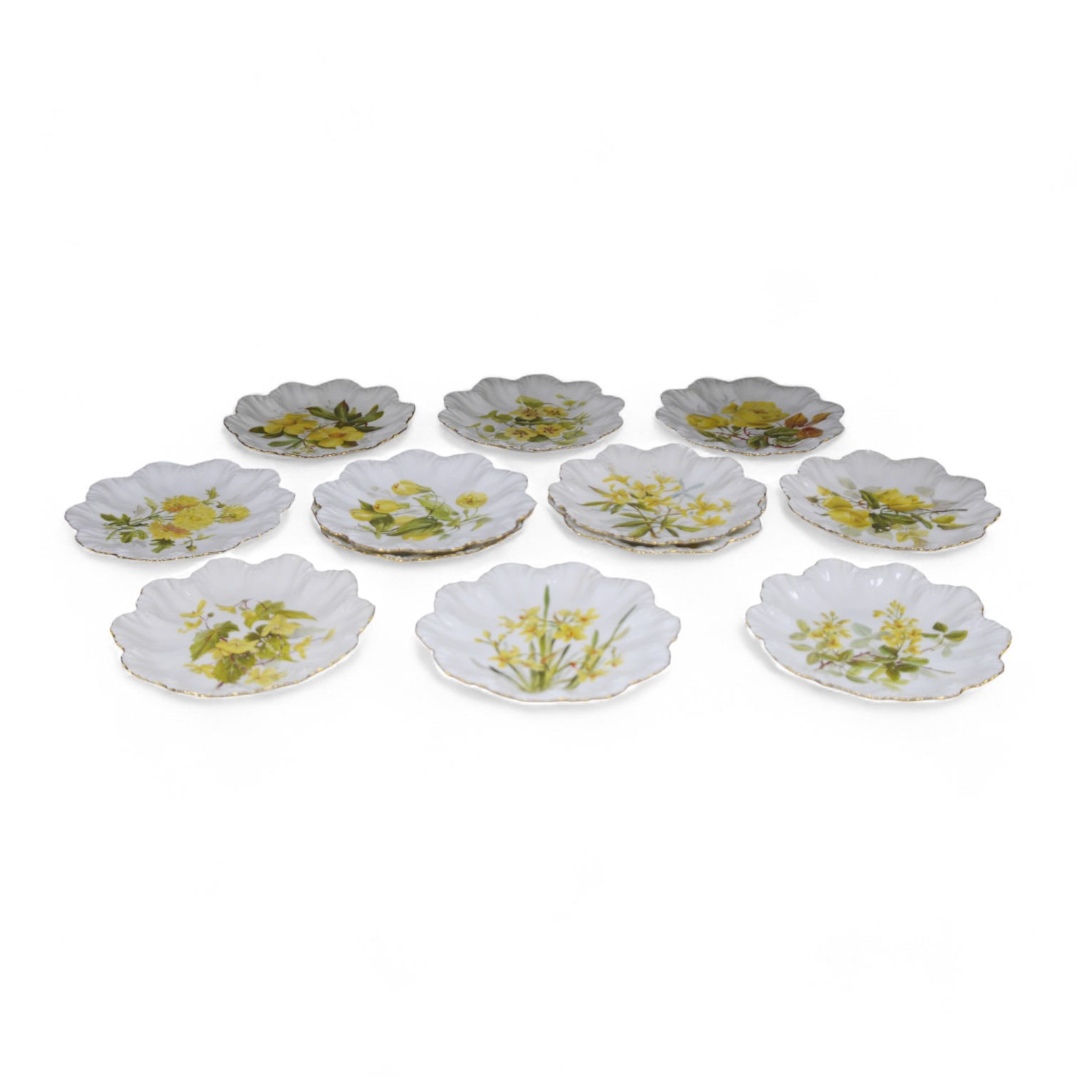 Twelve Limoges floral decorated plates possibly from a dessert service. 23cm diameter. Condition - some gilding and pattern worn